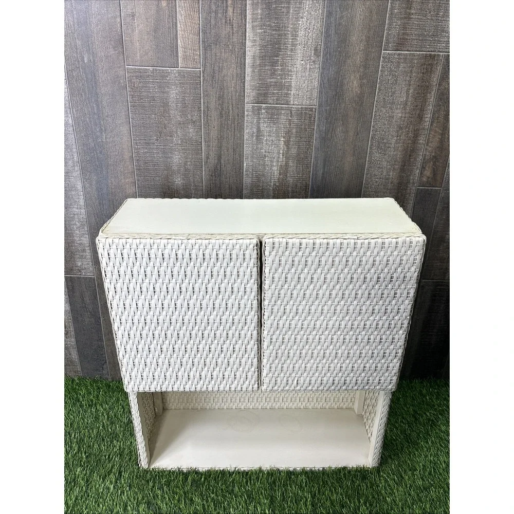 Vintage White Wicker Cabinet Coquette Cottagecore Bathroom Storage Shelf